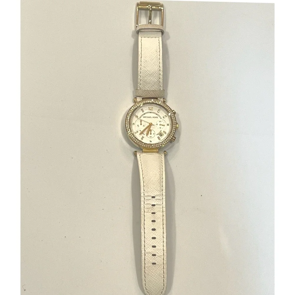 Michael Kors Parker MK-2290 Gold Tone White Leather Crystal Chronograph Watch